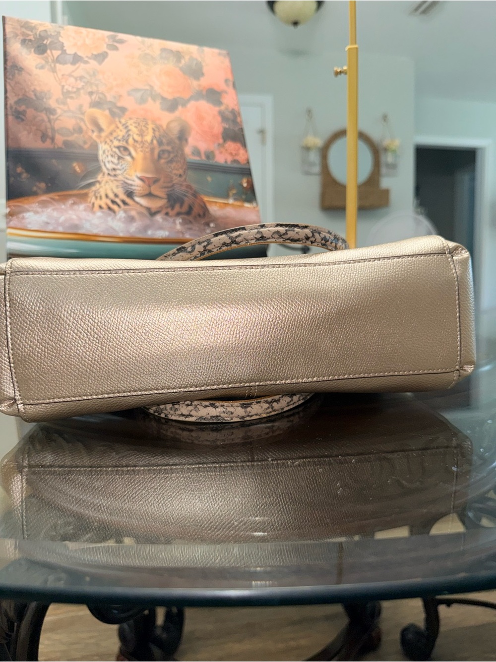 COACH Metallic champagne Gold Satchel with Snake-Print missing one zipper pull - Picture 4 of 12
